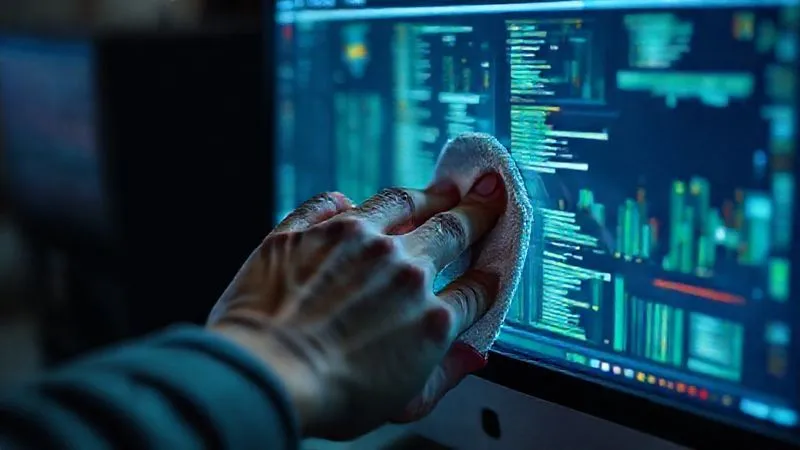 photorealistic, professional photography, 8K, cinematic lighting, sharp focus, depth of field, shot on a high-end DSLR, a human hand gently wiping a computer screen with a microfiber cloth, symbolizing maintenance and care for digital tools, with a subtle glow around the screen.