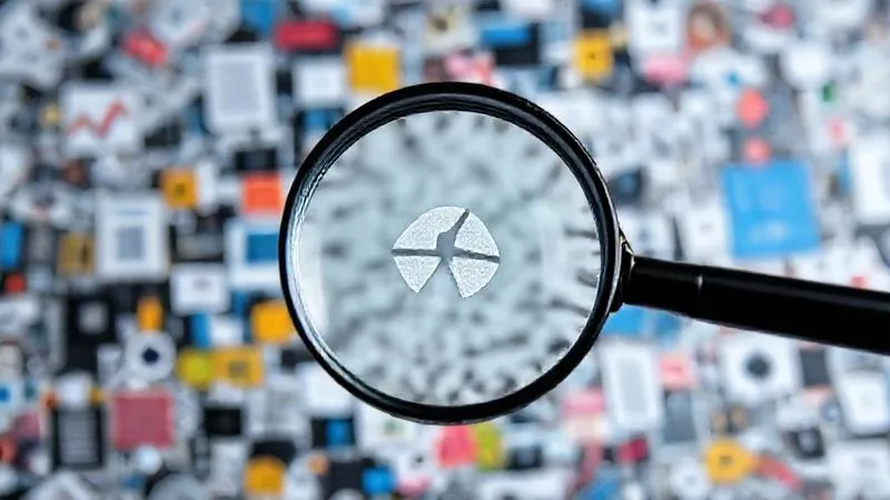 A photorealistic image of a magnifying glass hovering over a chaotic jumble of abstract business graphics, with a clear, focused area revealing a single, distinct brand logo. Cinematic lighting, 8K hyper-detailed, sharp focus on the magnifying glass and logo, depth of field blurring the chaotic background. Shot on a high-end DSLR.