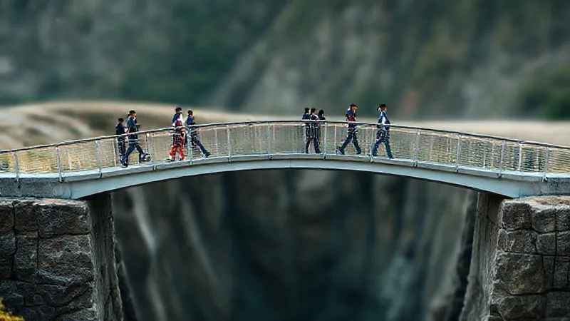 A photorealistic image of a sturdy, well-constructed bridge made of sleek, modern design elements (like a minimalist logo, consistent patterns, and a cohesive color palette) spanning a gap. On one side, a diverse group of people (representing customers) are confidently walking across. Cinematic lighting, 8K hyper-detailed, sharp focus on the bridge, depth of field blurring the background. Shot on a high-end DSLR.