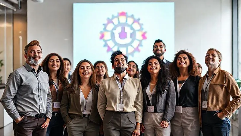 A photorealistic image of a diverse team of professionals in a modern, brightly lit office, all wearing subtle, branded apparel and looking up at a large, vibrant, and inspiring company logo projected on a wall. Their faces show pride and unity. Cinematic lighting, 8K hyper-detailed, sharp focus on the team and logo, depth of field blurring the background. Shot on a high-end DSLR.