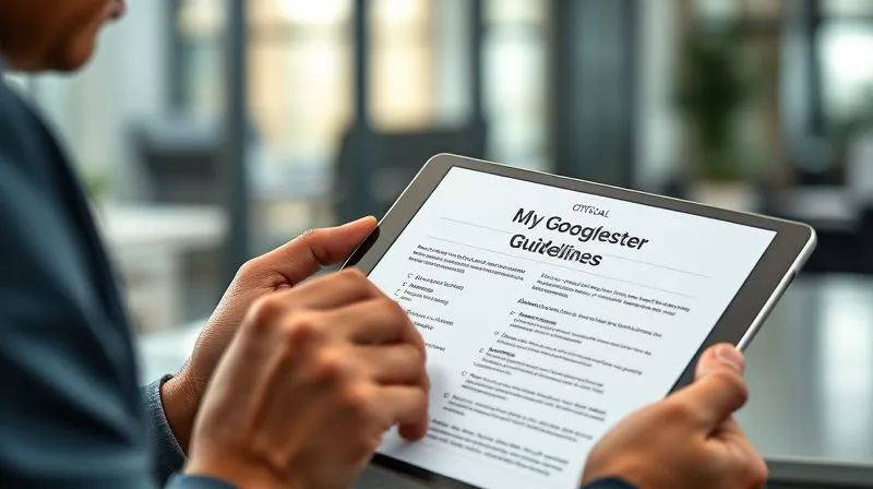 A person meticulously reviewing a checklist and official Google My Business guidelines document on a tablet, with a focused expression, in a modern office setting. Photorealistic, professional photography, 8K, cinematic lighting, sharp focus, depth of field.