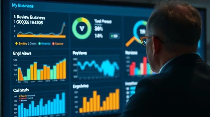 A person monitoring a digital dashboard with various Google My Business metrics (reviews, calls, views, engagement) represented by clean, modern graphs and charts, symbolizing active management and vigilance. Photorealistic, professional photography, 8K, cinematic lighting, sharp focus, depth of field.