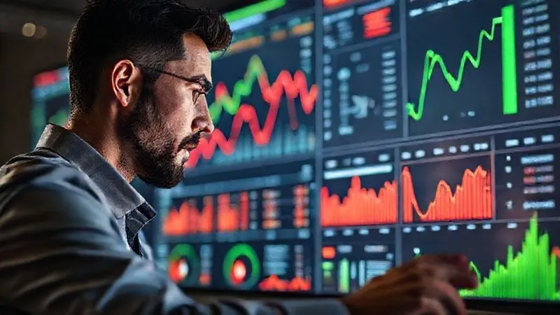 A photorealistic image of a data analyst intently studying a complex dashboard on a large screen, displaying intricate SEO metrics with red downward trends and green upward spikes, symbolizing traffic loss and recovery. The screen emits a soft glow, illuminating the focused expression on their face. Cinematic lighting, sharp focus on the screen and analyst, depth of field blurring the background, 8K hyper-detailed, professional photography, shot on a high-end DSLR.