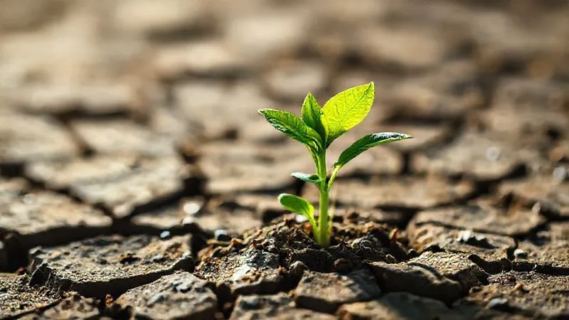 A photorealistic image of a vibrant, healthy green plant sprouting from dry, cracked earth, symbolizing content revitalization and growth. Cinematic lighting, sharp focus on the plant, depth of field blurring the background, 8K hyper-detailed, professional photography, shot on a high-end DSLR.
