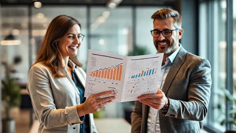A photorealistic image of a professional presenting a detailed, visually rich SEO report to a client in a modern office setting. The report shows clear upward trends and positive metrics. Both individuals are engaged, with expressions of satisfaction and understanding. Cinematic lighting, sharp focus on the report and faces, depth of field blurring the background, 8K hyper-detailed, professional photography, shot on a high-end DSLR.