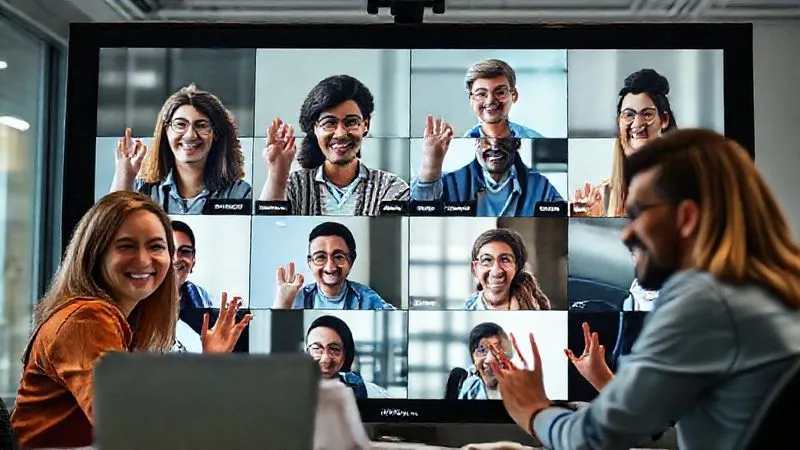 A photorealistic image of a diverse group of remote professionals engaged in a clear and vibrant video conference call, each participant with a positive and attentive expression. The screen displays well-organized information, with visual cues of active participation like raised hands or chat bubbles. Cinematic lighting, sharp focus on the faces, depth of field subtly blurring background office elements, 8K, professional photography, shot on a high-end DSLR.