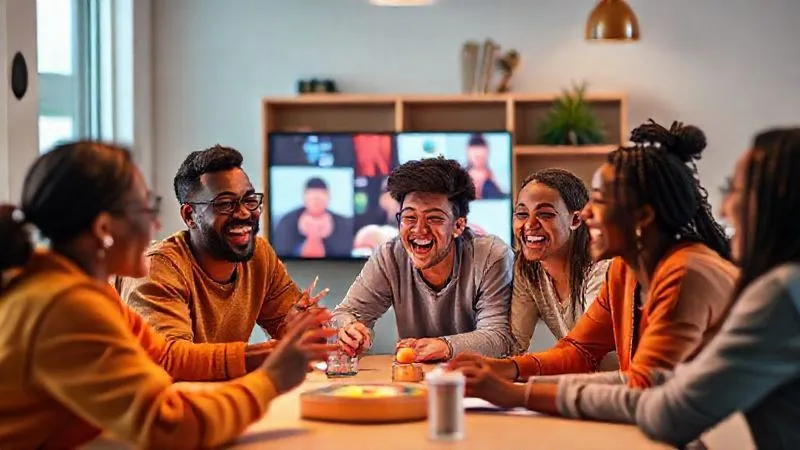 A photorealistic image of a vibrant and diverse group of remote freelancers laughing and interacting during a virtual team-building event. Some are playing a game on screen, others are chatting animatedly. The atmosphere is lighthearted and connected, with warm, inviting colors. Professional photography, 8K, cinematic lighting, sharp focus on the joyful expressions, depth of field blurring backgrounds, shot on a high-end DSLR.