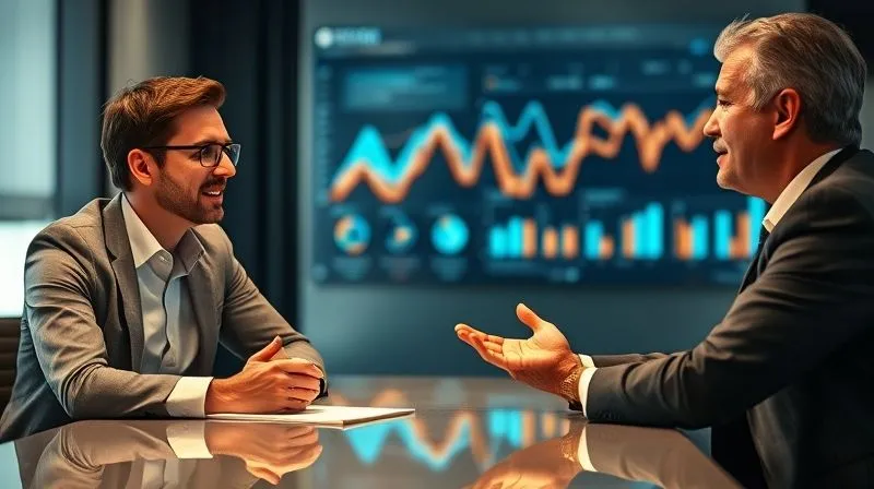 photorealistic, professional photography, 8K, cinematic lighting, sharp focus, depth of field, shot on a high-end DSLR. Two business professionals, one a consultant and the other a client, seated at a modern conference table. The consultant is leaning forward slightly, making eye contact, with a genuinely empathetic expression, while the client speaks, hands open, indicating honest communication. Soft, warm light illuminates their faces, highlighting connection and understanding. A digital dashboard with abstract data visualizations is subtly blurred in the background, representing the digital consulting context. The atmosphere is calm and focused on active listening.