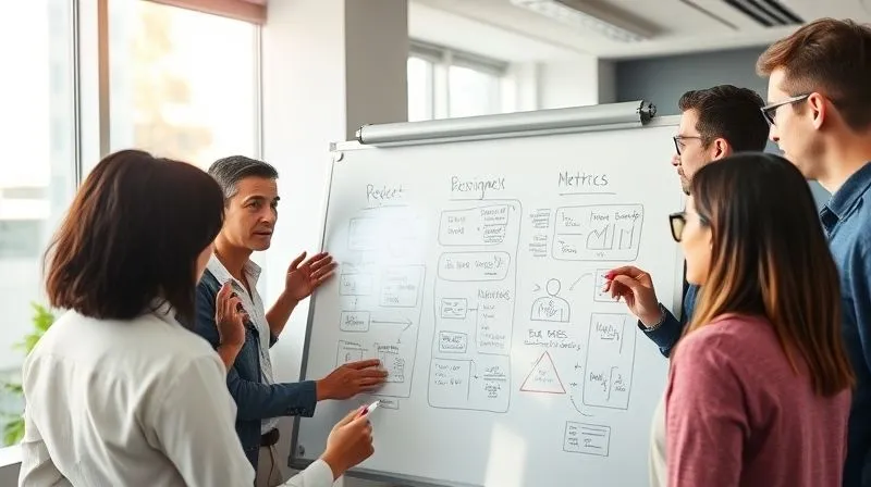 photorealistic, professional photography, 8K, cinematic lighting, sharp focus, depth of field, shot on a high-end DSLR. A diverse team of business professionals (consultant and client staff) gathered around a large whiteboard, actively collaborating. They are drawing flowcharts, writing key metrics, and sketching user personas with colorful markers. The scene is dynamic and collaborative, with a sense of shared purpose and problem-solving. Bright, natural light fills the modern office space.