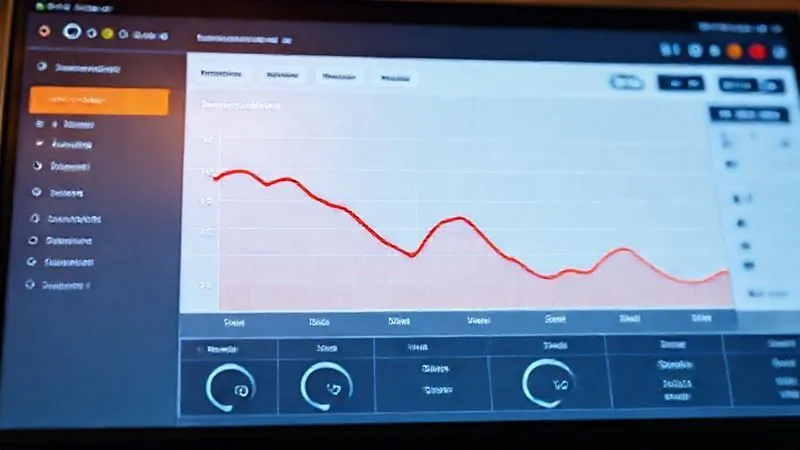 A photorealistic screenshot of a Google Analytics dashboard showing a sharp decline in organic traffic over a specific period, with a red arrow pointing downwards, professional photography, 8K, cinematic lighting, sharp focus on the graph, depth of field, shot on a high-end DSLR.