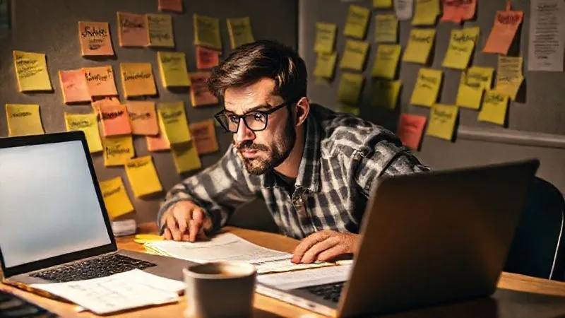 A photorealistic image of a content writer brainstorming ideas for SEO-optimized content, surrounded by sticky notes with keywords and content outlines, a laptop open to a blank document, a cup of coffee nearby. Cinematic lighting, sharp focus on the writer's thoughtful expression, depth of field, 8K hyper-detailed, professional photography, shot on a high-end DSLR.