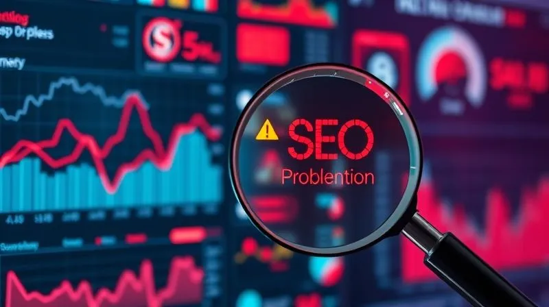 A photorealistic, professional photography, 8K, cinematic lighting, sharp focus, depth of field, shot on a high-end DSLR, depicting a complex digital dashboard with various charts and graphs, highlighting red warning signs and data points indicating SEO issues like crawling errors and low page speed. A magnifying glass hovers over a specific problem area, symbolizing precise diagnosis.