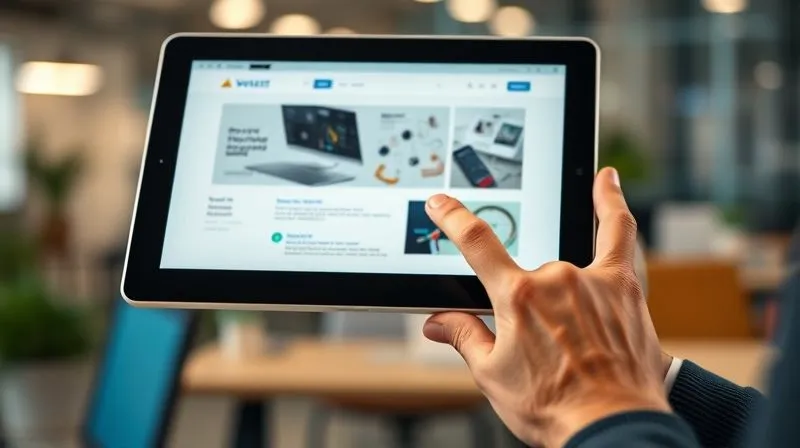A photorealistic, professional photography, 8K, cinematic lighting, sharp focus, depth of field, shot on a high-end DSLR, showing a person's hand smoothly navigating a perfectly optimized website on a tablet. The website interface is clean, fast-loading, and visually appealing, with elements loading seamlessly without any layout shifts. The background is a blurred office environment, suggesting productivity and efficiency.