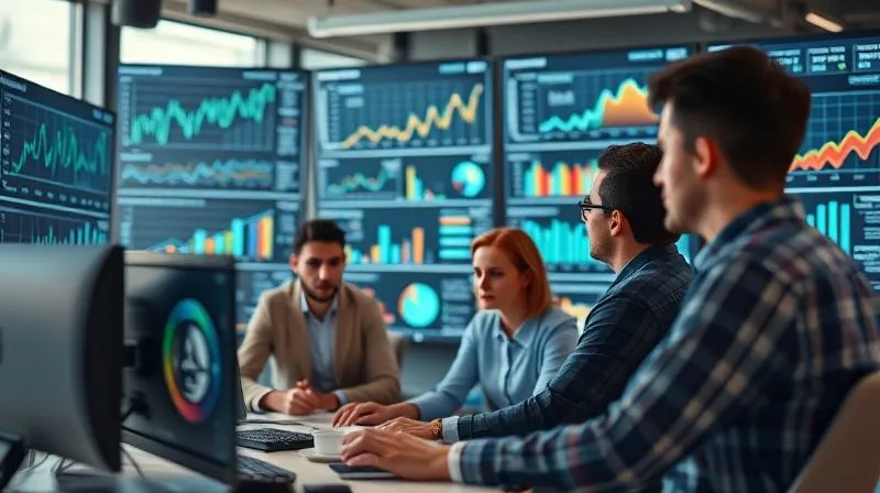 A photorealistic, professional photography, 8K, cinematic lighting, sharp focus, depth of field, shot on a high-end DSLR, showing a diverse team of marketing professionals collaboratively analyzing data on multiple large screens in a modern office. Charts and graphs display upward trends and positive metrics. The atmosphere is one of focused determination and strategic planning, symbolizing continuous monitoring and adaptation.