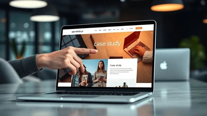 A photorealistic image of a professional website portfolio displayed on a sleek laptop screen, with a hand pointing to a glowing 'case study' section. Cinematic lighting, sharp focus on the screen, depth of field blurring a modern office background. 8K, shot on a high-end DSLR.
