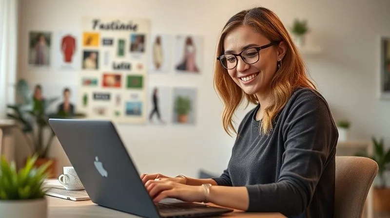 A photorealistic image of a female freelancer, Ana, smiling confidently while typing on a laptop in a brightly lit, modern home office. A mood board with fashion and sustainable themes is visible in the background. Cinematic lighting, sharp focus on Ana, depth of field blurring the background. 8K, shot on a high-end DSLR.