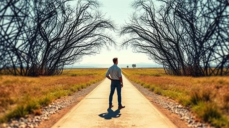 A photorealistic image of a person standing at a crossroads, with one path leading towards a dense, complex web (representing platforms) and another, clear, sunlit path leading towards a distant, inviting horizon (representing direct clients). The person is looking confidently towards the clear path. Cinematic lighting, sharp focus on the person, depth of field blurring both paths. 8K, shot on a high-end DSLR.