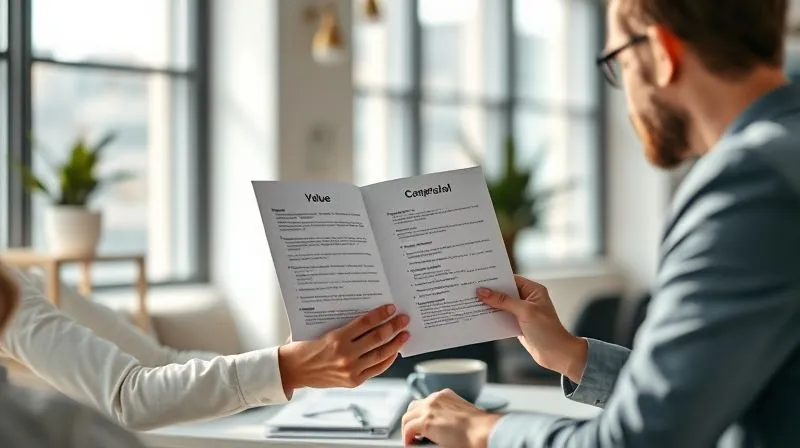 A photorealistic image of a freelancer presenting a beautifully crafted, detailed proposal to a client in a modern, sunlit office. The proposal is visually appealing and emphasizes value. Cinematic lighting, sharp focus on the interaction and the proposal document, depth of field blurring the background. 8K hyper-detailed, professional photography.