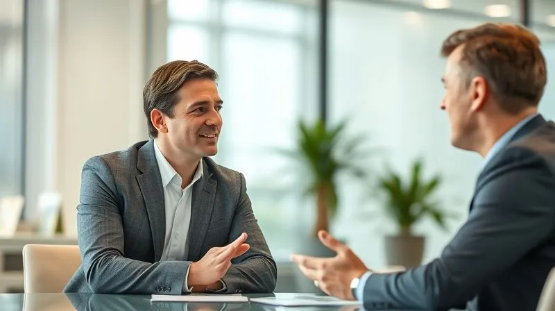 A photorealistic image of two business professionals (a freelancer and a client) engaged in a calm, confident negotiation, with a focus on mutual understanding. They are in a modern meeting room, making eye contact. Cinematic lighting, sharp focus on their expressions, depth of field blurring the background. 8K hyper-detailed, professional photography.