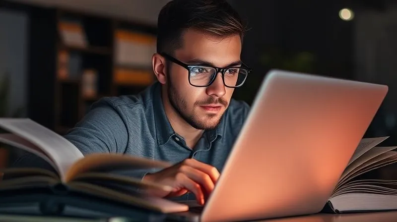 A photorealistic image of a freelancer intensely focused on a laptop screen, surrounded by open books and digital graphs, symbolizing continuous learning and specialization. A subtle glow emanates from the screen, highlighting their face. Cinematic lighting, sharp focus on the freelancer and their tools, depth of field blurring a modern, inspiring office background. 8K hyper-detailed, professional photography.