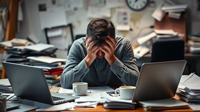 Photorealistic, professional photography, 8K, cinematic lighting, sharp focus on a person sitting at a desk overflowing with papers, laptops, and coffee cups, head in hands, looking utterly overwhelmed and stressed, depth of field blurring the chaotic background, emotional resonance of despair and exhaustion.