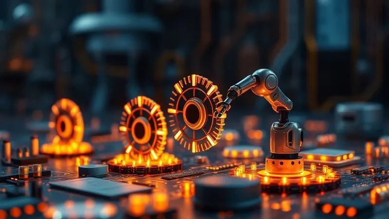 Photorealistic, professional photography, 8K, cinematic lighting, sharp focus on a series of interconnected glowing digital gears and circuits, with small robotic arms efficiently performing tasks, symbolizing seamless automation and efficiency in a digital business, depth of field blurring a complex background of data streams.
