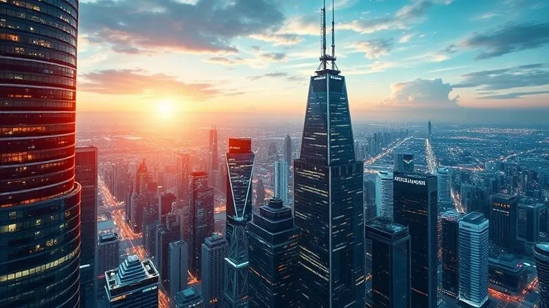 Photorealistic, professional photography, 8K, cinematic lighting, sharp focus on a vast, interconnected digital city growing upwards towards a bright sky, with data streams flowing between towering structures, symbolizing exponential business growth and scalability, depth of field blurring the distant horizon.
