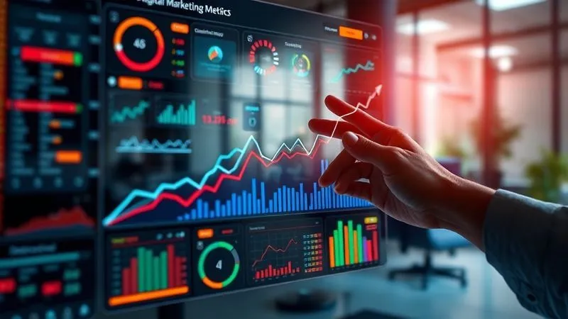 Photorealistic, professional photography, 8K, cinematic lighting, sharp focus on a complex, holographic dashboard displaying various digital marketing metrics (traffic, conversions, revenue) in vibrant colors, with a hand pointing to a rising trend line, symbolizing data-driven decision making and growth, depth of field blurring the background of a modern office.