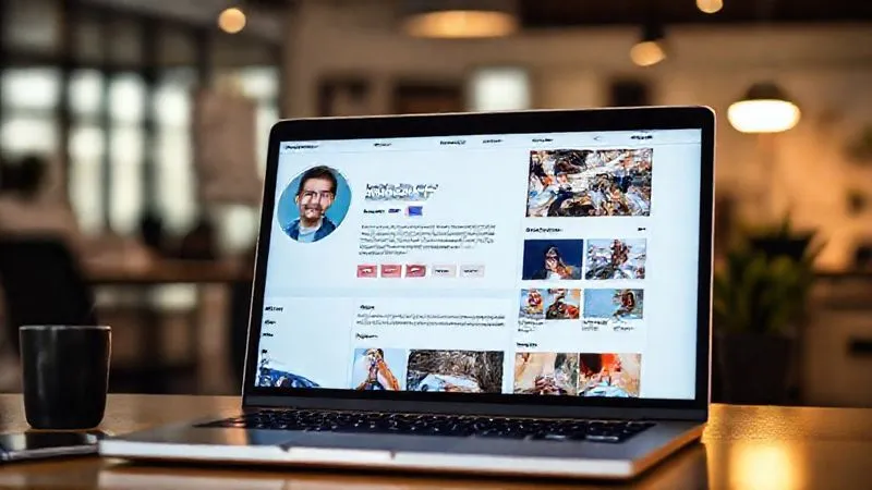 A photorealistic image of a professional freelancer's profile page on a laptop screen, showing a clear, friendly portrait photo, a concise bio, and a visually appealing portfolio section with diverse work samples. Cinematic lighting, sharp focus on the screen, depth of field blurring the background office environment. 8K hyper-detailed.