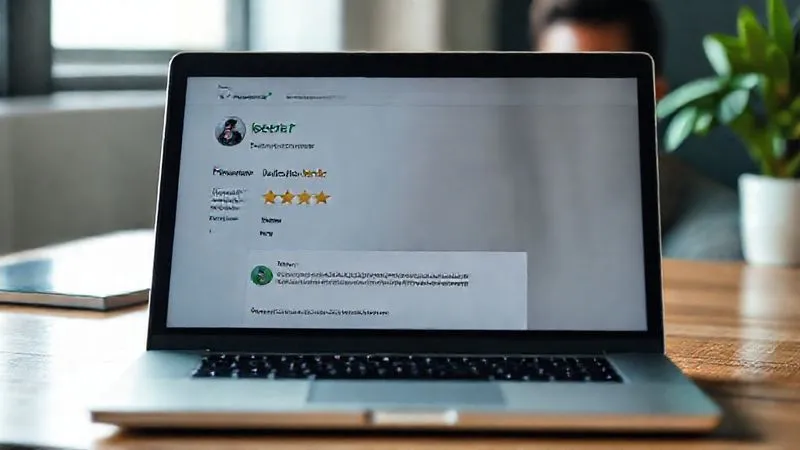 A photorealistic image of a laptop screen displaying a Fiverr order completion page with a glowing 5-star rating and a positive customer review. A smiling freelancer is subtly visible in the background, out of focus. Cinematic lighting, sharp focus on the screen, depth of field. 8K hyper-detailed, professional photography.