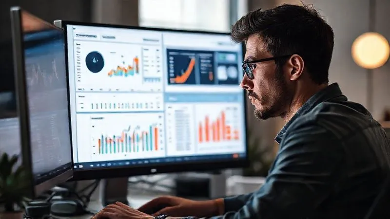 A photorealistic image of a freelancer analyzing a dashboard with various growth metrics (charts, graphs, numbers) on a computer screen. The person looks thoughtful and strategic, with a sense of progress and future planning. Cinematic lighting, sharp focus on the screen, depth of field. 8K hyper-detailed, professional photography.