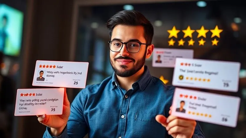 A photorealistic image of glowing testimonial cards and 5-star ratings surrounding a confident freelancer's profile on a digital screen, symbolizing strong social proof. Cinematic lighting, sharp focus, depth of field, 8K hyper-detailed.