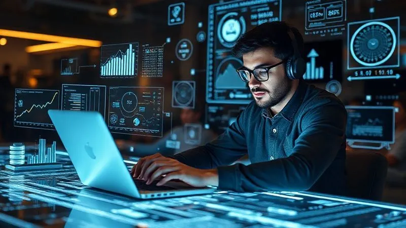 A photorealistic image of a freelancer diligently studying new skills on a laptop, surrounded by futuristic holographic projections of data trends and industry insights, symbolizing continuous learning and adaptation. Cinematic lighting, sharp focus, depth of field, 8K hyper-detailed.