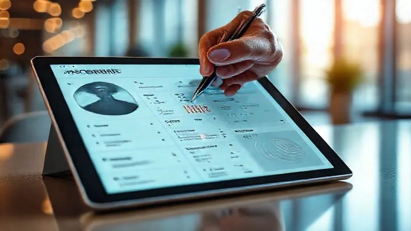 A photorealistic image of a detailed persona profile template on a sleek digital tablet, with various data points like 'Pain Points', 'Goals', 'Demographics', and 'Online Behavior' filled in. A hand with a pen hovers over the screen, surrounded by a subtle aura of strategic thought. Cinematic lighting, sharp focus on the tablet, depth of field blurring a modern office background, 8K hyper-detailed. Imagine the tablet glowing softly.