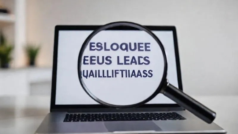 A photorealistic image of a visually appealing digital lead magnet cover, perhaps an e-book or a guide titled 'Desbloqueie Seus Leads Qualificados', placed on a modern laptop screen. A magnifying glass hovers over the title, emphasizing precision. The background is a clean, minimalist workspace with a subtle glow from the screen. Cinematic lighting, sharp focus on the laptop and lead magnet, depth of field blurring the background, 8K hyper-detailed.