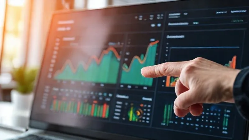 A photorealistic image of a sleek, modern analytics dashboard displaying various charts and graphs related to lead generation and conversion metrics (e.g., CPL, Conversion Rate, MQL to SQL). The data is clear and colorful, with a hand pointing to a specific trend line. Cinematic lighting, sharp focus on the dashboard, depth of field blurring a professional workspace, 8K hyper-detailed.