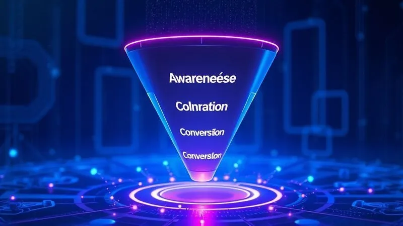 A photorealistic image of a digital funnel illustrating the conversion path on a website, with clear labels for each stage (Awareness, Consideration, Conversion). Data points are flowing through the funnel, highlighting drop-off points. The image uses futuristic blue and purple tones, with cinematic lighting and sharp focus, 8K hyper-detailed.