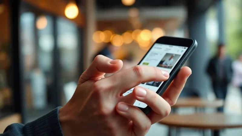 A photorealistic image of a person's hand using a smartphone, with a blurred website interface on the screen. The hand gestures suggest frustration or difficulty navigating, perhaps a finger hovering over a tiny button. The background is slightly out of focus, showing a coffee shop or public space. Cinematic lighting, sharp focus on the hand and screen, 8K hyper-detailed.