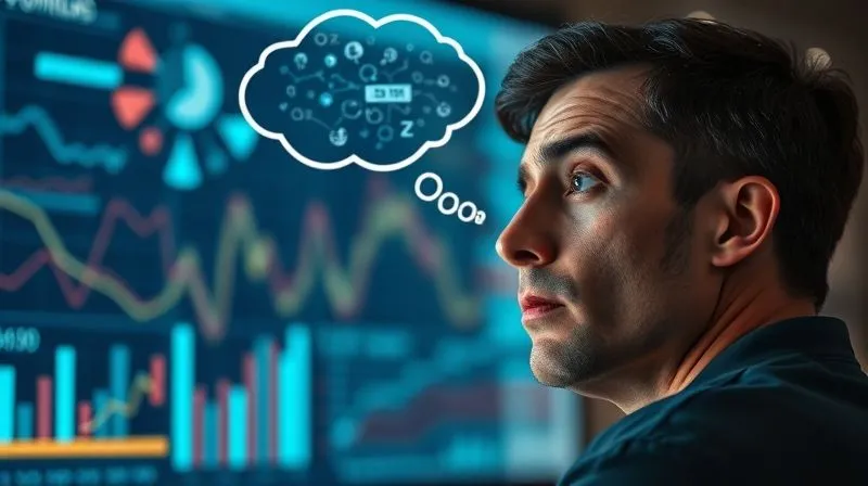 A photorealistic image of a person looking confused at a complex, data-heavy presentation, with a thought bubble above their head showing abstract, disconnected concepts. Cinematic lighting, sharp focus on the person's face, depth of field blurring the presentation. Shot on a high-end DSLR, 8K hyper-detailed.
