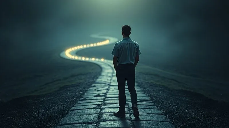 A photorealistic image of a person standing at a crossroads, looking hesitant, with a faint, guiding light appearing on one path. The other paths are dark and winding. Cinematic lighting, sharp focus on the person, depth of field blurring the background. Shot on a high-end DSLR, 8K hyper-detailed.