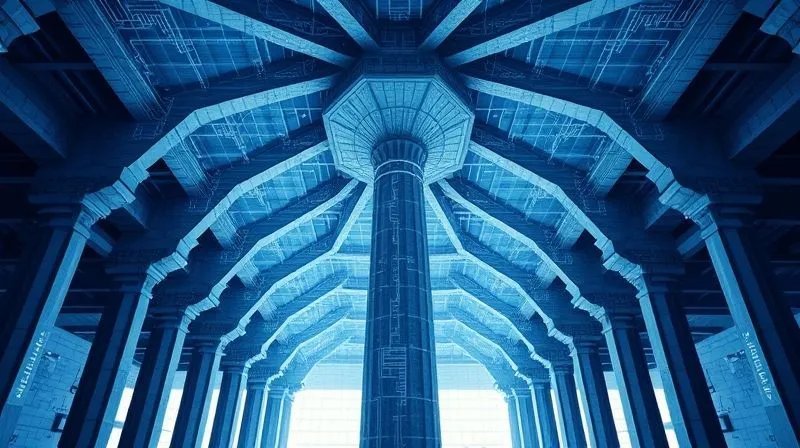 A photorealistic architectural blueprint showing a central, robust pillar structure with multiple smaller, interconnected beams radiating outwards, symbolizing content pillars and topic clusters. Cinematic lighting, sharp focus on the blueprint details, depth of field blurring the background. 8K hyper-detailed, professional photography, shot on a high-end DSLR.