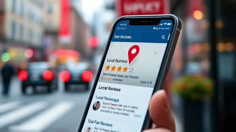A photorealistic image of a seamless user interface on a smartphone screen, displaying a local business listing with 5-star reviews and a prominent map pin. The background is slightly blurred, showing a vibrant city street. Cinematic lighting, sharp focus on the phone screen, depth of field. 8K hyper-detailed, professional photography, shot on a high-end DSLR.