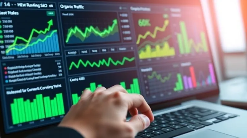 A photorealistic image of a sophisticated digital dashboard displaying various SEO metrics like keyword rankings, organic traffic, conversion rates, and competitor analysis, all with green upward trending arrows. A hand is poised over a keyboard, ready to make adjustments. Cinematic lighting, sharp focus on the dashboard, depth of field blurring the background. 8K hyper-detailed, professional photography, shot on a high-end DSLR.