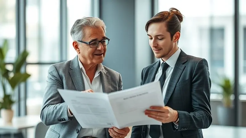 A photorealistic image of two business people, a mentor and a mentee, engaged in a deep conversation over a project plan, their expressions showing mutual respect and understanding. They are in a modern, well-lit office. Cinematic lighting, sharp focus on their faces and the document, depth of field blurring the background, 8K hyper-detailed, professional photography.