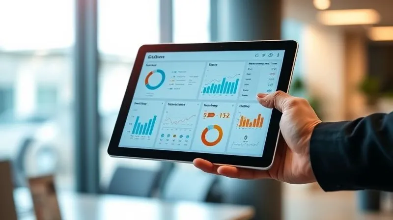 A photorealistic image of a hand holding a tablet displaying a dashboard with various KPIs and performance metrics, including graphs and charts, with a blurred background of a modern office. The focus is on data visualization and clear, actionable insights. Cinematic lighting, sharp focus on the tablet screen, depth of field, 8K hyper-detailed, professional photography.