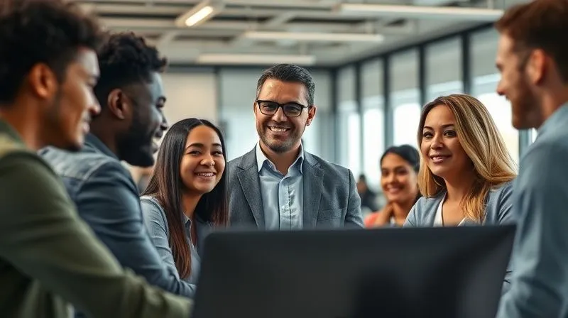A photorealistic image of a team of diverse professionals working collaboratively around a large, interactive screen, their faces showing engagement and empowerment. A confident leader stands slightly apart, observing with a satisfied smile, symbolizing effective delegation and team autonomy. Modern office environment, cinematic lighting, sharp focus on the team, depth of field, 8K hyper-detailed, professional photography.
