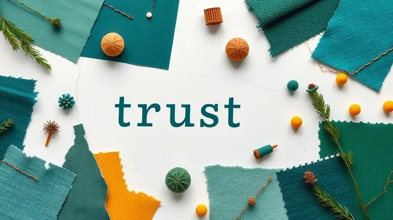 A photorealistic and abstract mood board on a clean white surface, featuring torn paper scraps, fabric swatches, and small objects that evoke 'trust, innovation, and sustainability'. Dominant colors include deep greens, teal blues, and a touch of mustard yellow, arranged artistically. professional photography, 8K, cinematic lighting, sharp focus on the textures and colors, depth of field, shot on a high-end DSLR.