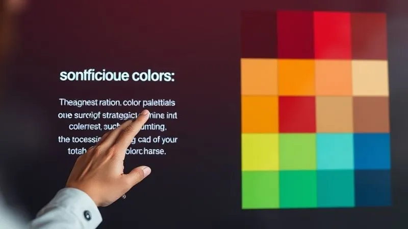 A photorealistic and elegant presentation slide displaying a sophisticated color palette, with accompanying text explaining the strategic rationale behind each color choice. A designer's hand points to a specific color on the screen, indicating a confident and professional explanation. professional photography, 8K, cinematic lighting, sharp focus on the screen and hand, depth of field, shot on a high-end DSLR.