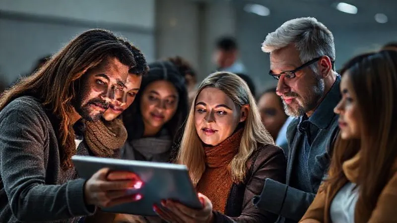 A photorealistic image of a diverse group of people (representing a target audience) looking intently at a glowing online course module on a tablet, with a thoughtful expert figure observing them in the background. Cinematic lighting, sharp focus on the audience's engagement, depth of field. 8K hyper-detailed, professional photography, shot on a high-end DSLR.