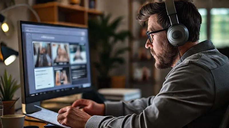 A photorealistic image of a person wearing headphones, looking at a computer screen with course modules, taking notes, and providing feedback on a digital form. The setting is a cozy, well-lit home office. Cinematic lighting, sharp focus on the person's engaged expression, depth of field. 8K hyper-detailed, professional photography, shot on a high-end DSLR.
